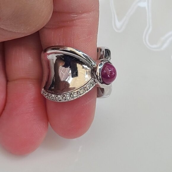 Vintage Boho Sterling Silver Natural Ruby Cabochon Crystal Wide Ring 6.25 - Picture 2 of 5